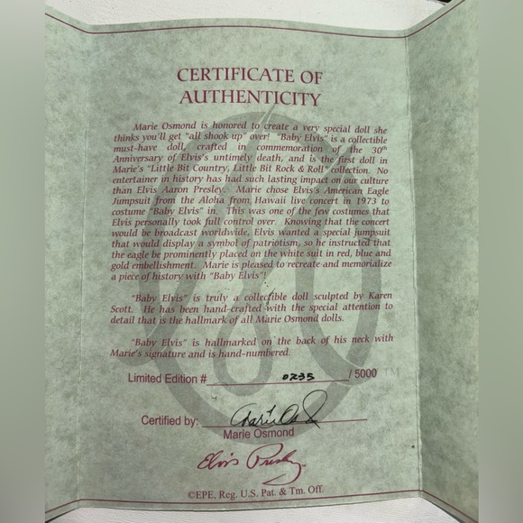 Marie Osmond’s Baby Elvis Porcelain Collectible Limited Edition Doll - Picture 13 of 13